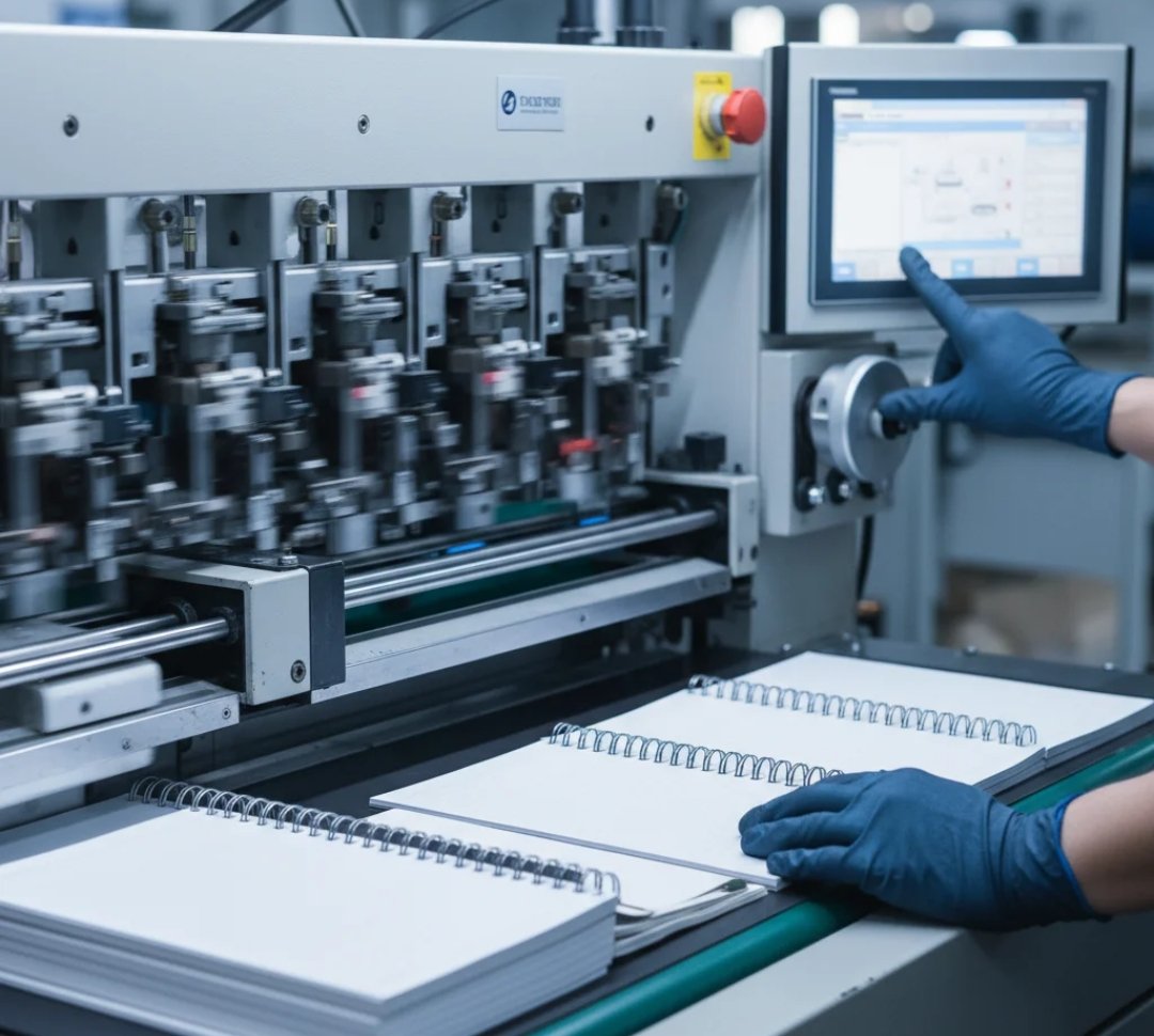 A wire-binding machine producing spiral notebooks under a technician's supervision
